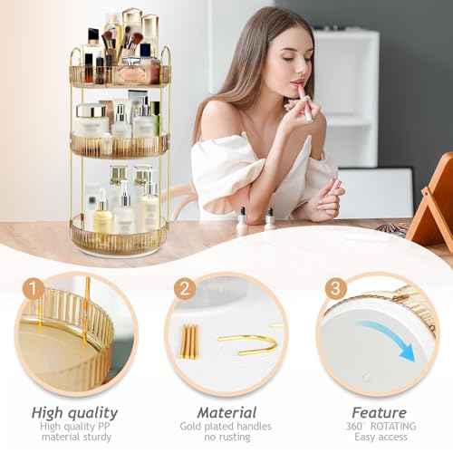 360 Rotating Makeup Organizer for Vanity,3 Tier Large Capacity Skincare Organizers,Bathroom Counter Organizer, transparent Spinning Perfume Organizer & Vanity Organizer (Gold-3 Tier)