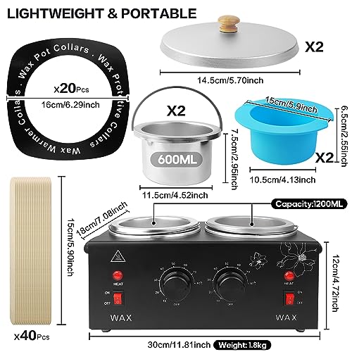 Wax Warmer for Hair Removal, Professional Waxing Heater Pot with Adjustable Temperature for Women Men, with 20 Wooden Wax Sticks (Black-Double Pots)
