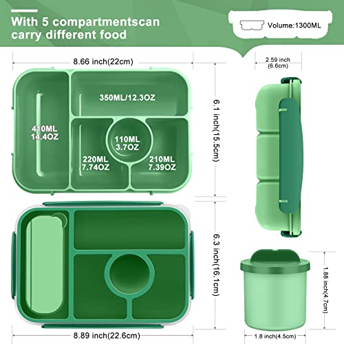 Demiue Lunch Box Kids,Bento Box Adult Lunch Box, Bento Lunch Containers for Adults/Kids/Toddler,5 Compartments with Sauce Vontainers,Microwave & Dishwasher & Freezer Safe,BPA Free(Green)