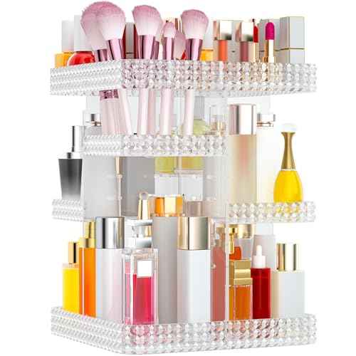 Rotating Makeup Organizer, Large Capacity Cosmetic Display Case, Acrylic Skincare Organizer with Makeup Brush, Makeup Storage Organizer for Dresser Countertop and Bathroom Vanity - Clear