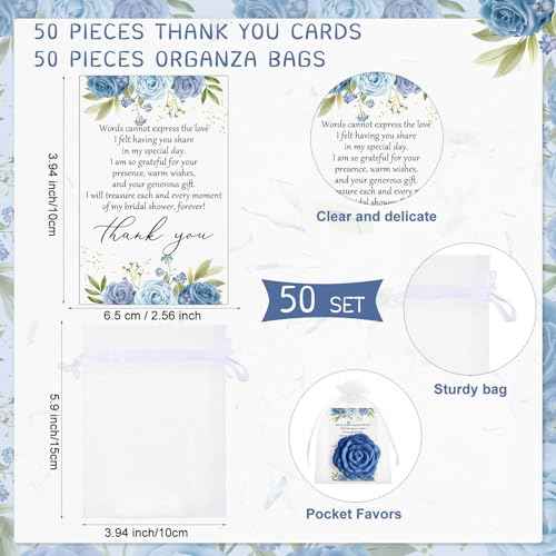 50 Sets Bridal Shower Party Favors for Guests Small Rose Compact Mirror Bulk Wedding Favors Thank You Cards and Organza Bags Wedding Party Guests Souvenir Gift (Blue)