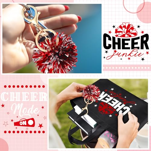 Landical 72 Pcs Cheerleading Gifts 24 Cheer Bags Portable 24 Pom Pom Keychain 24 Cheerleading Bracelet Canvas Cheerleading Makeup Bag Bulk Cheer Gifts Female Teammates Toiletries Accessories(Red)