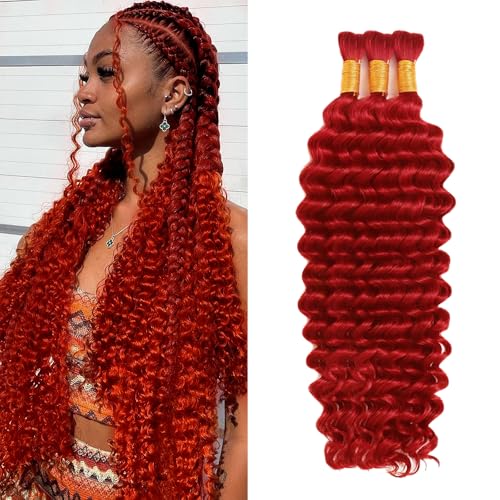 Bulk Red Boho Deep Wave Human Hair Extensions - 24 Inch Brazilian Braiding Hair, 3 Bundles
