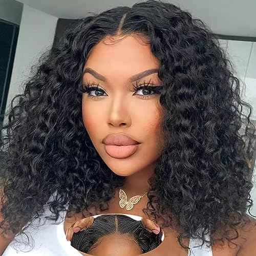 Fine Plus Glueless Wigs Human Hair Wear and Go Glueless Wig Deep Wave Curly Wigs for Black Women Middle Part Lace Human Hair wigs 150% Density Natural Black Curly Wig 14 Inch