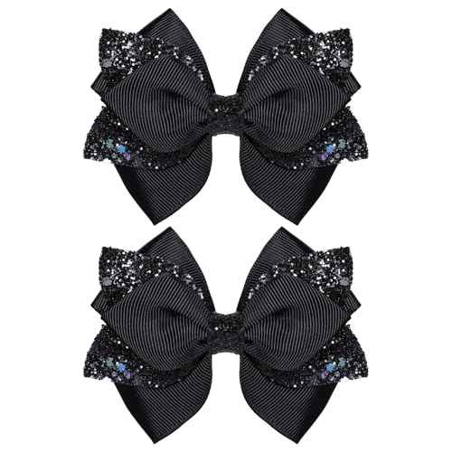 2pc Glitter Black Ribbon Hair Bow Clips 4inch Shiny Alligator Barrettes Pins for Teens Girls Kids Women Graduation Halloween Dress up Party Costume outfit Decor Accessory