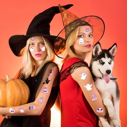 Halloween Temporary Tattoos for Kids - Pink Halloween Party Decorations, Trick or Treat Basket Stuffers, Boo Day Party Favors for Girls