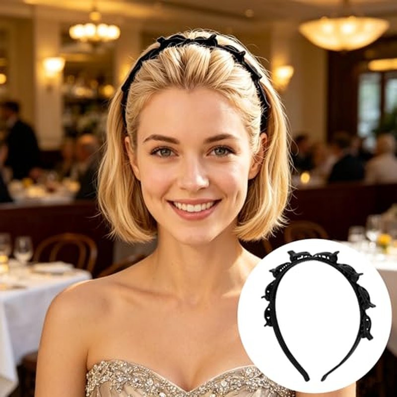 2-Pack Non-Slip Hair Clip Headbands with 8 Clips, Black & Wine Red