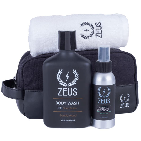 ZEUS Essential Body Care Kit with Travel Dopp Bag – Body Wash with Shea Butter, Travel Toiletry Bag, Wash Cloth & Deodorant Body Spray (Verbena Lime)