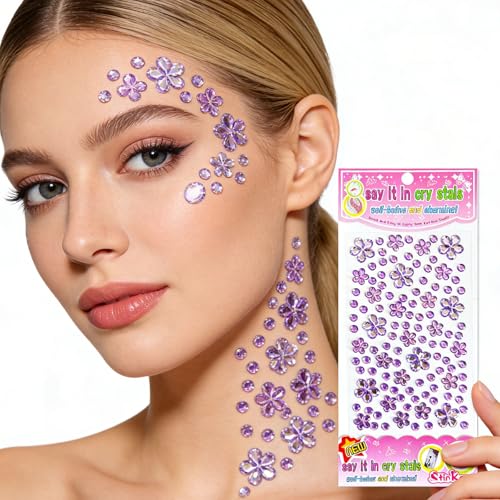 Purple Flower Face Gems Stickers - 2 Sheets Self Adhesive Rhinestones