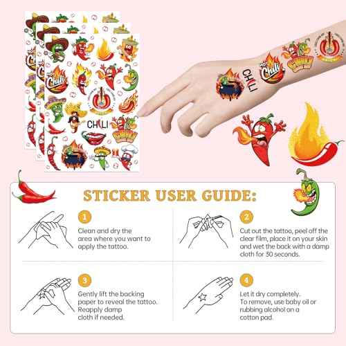 Chili Cook off Temporary Tattoos, 160 Pcs Chili Cook Off Decorations, Funny Red Hot Pepper Cook-Off Tattoo Stickers for Mexican Theme Cooking Fiesta Food Contest Competition Party Favors Supplies