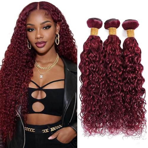 Burgundy Human Hair Water Wave Bundles 28-32 Inch 150% Density