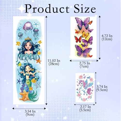 52pcs Temporary Tattoos for Kids, Full Arm Sleeve Tattoos with Mermaid Unicorn Truck Dinosaur Rocket Animals Plants Body Face Fake Arm Tattoos Stickers for Grils Boys Gift Party Supplies