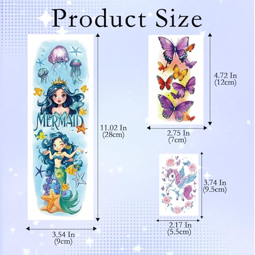 52pc Temporary Tattoos for Kids - Mermaid, Unicorn & Dinosaur