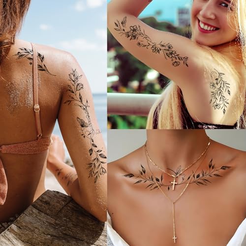 24 Black Flower Temporary Tattoos for Women - Waterproof