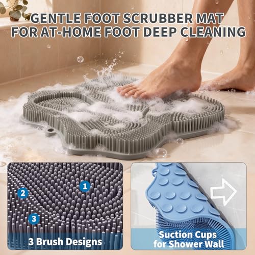 Show Foot Scrubber Mat & Silicone Back Scrubber with Butterfly Form Design,3 Brush Designs for Deep Cleaning Shower Foot Scrubber Mat, Wall Mounted Back Scrubber Silicone Bath(Grey)