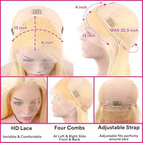 613 Lace Front Wig Human Hair 18 Inch 13x4 Blonde Lace Front Wigs 210% Density 613 HD Lace Frontal Wig for Women 12A Brazilian Straight Human Hair Wig Glueless Wig Pre Plucked with Baby Hair