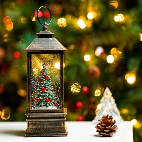 Christmas Snow Globe Lantern Water Glittering Christmas Tree with Music, Battery Operated or USB Powered Lighted Lantern for Christmas Festival Decoration Gifts