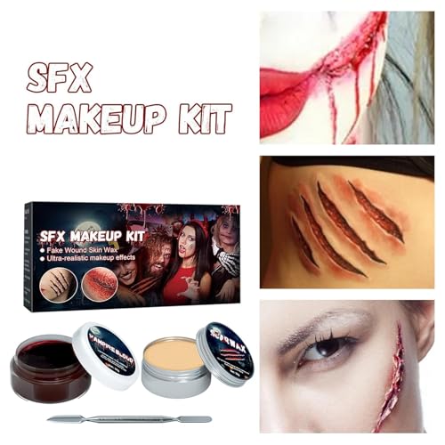 Halloween Fake Blood SFX Makeup Kit ? 7PCS Special Effects Set with Fake Blood Spray, Liquid Latex+Scar Wax+Fake Blood Gel+Spatula Tool & 2 Stipple Sponges ? Vampire Zombie Makeup Kit for Face & Body