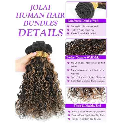 Water Wave 1b/30 Human Hair Bundles with Closure 12 14 16+10 Inch, Black & Golden Brown Balayage Highlight Wet Curly Bundles Sew In Weave, 12A Glossy 100% Unprocessed Virgin Hair Bundles +4x4 Closure