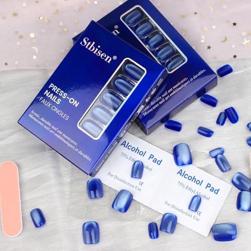 Royal Blue Cat Eye Press On Nails Short Square 30 Pcs