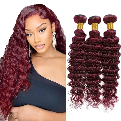 #99J Burgundy Deep Wave Human Hair Bundles 26" 3-Pack