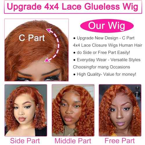 Ginger Curly Wig Human Hair Side Part Bob Wig Short Curly Ginger Glueless Wigs Human Hair Pre Plucked Pre Cut 4x4 HD Lace Closure Deep Wave Lace Front Wigs for Black Women 10 Inch