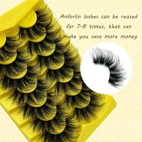 Anforlin 25mm D Curle Thick Volume 8D Wispy Mink False Strip Eyelashes , Easy to Apply & Remove, Cruelty Free - Set of 7