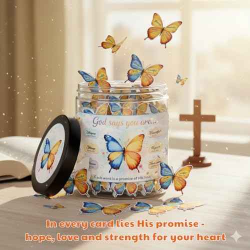 Positive Butterfly Jar ? Christmas Gift 60 Christian Affirmation Cards, Jesus Scripture Bible Verse Jar, God Says You Are, Faith-Based Religious Spiritual Christian Butterfly Gift for Women, Teens
