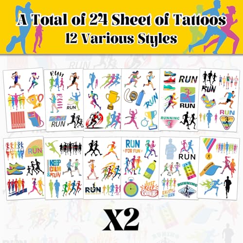 144 PCS Running Temporary Tattoos Stickers, Running Marathon Sport Party Favors Supplies Birthday Party Decorations Gifts for Runners, 24 Sheets
