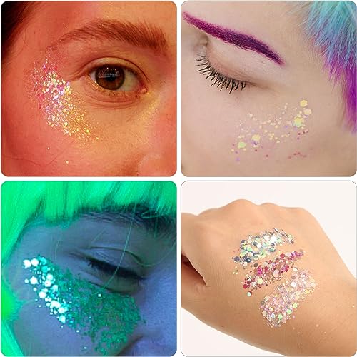 Noctilucent Face Gems, 12Pcs Luminous Face Jewels Rhinestones Stickers and 15g Chunky Glitter Glow in The Dark for Face Eye Glow Make up Festival Dress-up Face Jewelry Rave Accessories Party Supplies