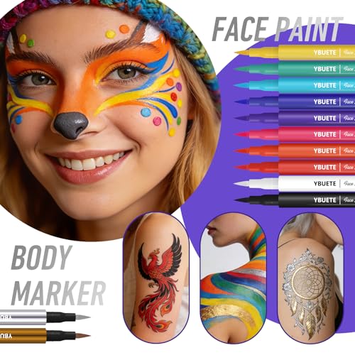 12-Color Face Body Painting Markers - Water-Resistant Tattoo Pen