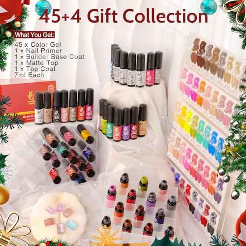Lavender Violets 49pcs Gel Nail Polish Set 45 Colors Neon Glow in the Dark Effect with Nail Primer Builder Base Coat Glossy & Matte Top Coat Jelly Shades for Christmas Gift Set Nail Art Design A950