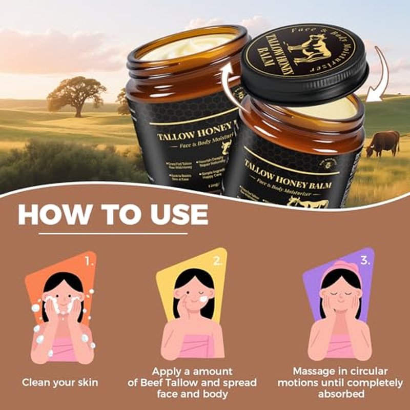 KINGMING Beef Tallow for Skin, Tallow and Honey Balm for Face, Facial Moisturizer Cream, Grass Fed Beef Tallow Balm Deeply Moisturizing for Face & Body, Suitable For All Skin Types (4.23 oz)