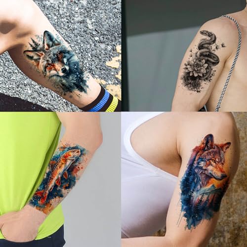 GLARYYEARS Temporary Tattoos for Men, 24-Pack Large Fake Tattoos, Long-lasting Animal Tattoos, Wolf Lion Snake Design Variety Pack Realistic Tattoos 3D, Cool on Half Arm Leg Back Body