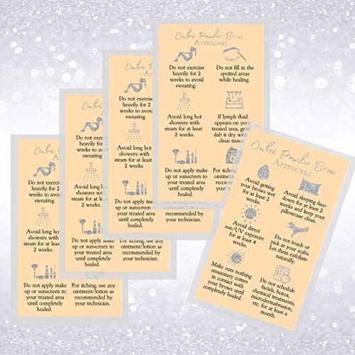 Ombre Powder Brow Aftercare Instructions Cards | Package of 50 | Double Sided Size 2x3.5" inches Business Card | Tan with Silver Glitter Look Design