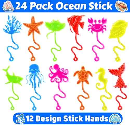 48PCS Ocean Party Favors - 24PCS Temporary Tattoos & 24PCS Stick Hands Party - Perfect Birthday Party Supplies, Goodie Bag Stuffers, Treasure Box Toys, Classroom Prizes, and Student Gifts