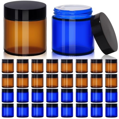 4oz Blue & Amber Glass Jars with Lids (Pack of 32) UPBUD, Leak-Proof Cosmetic Storage