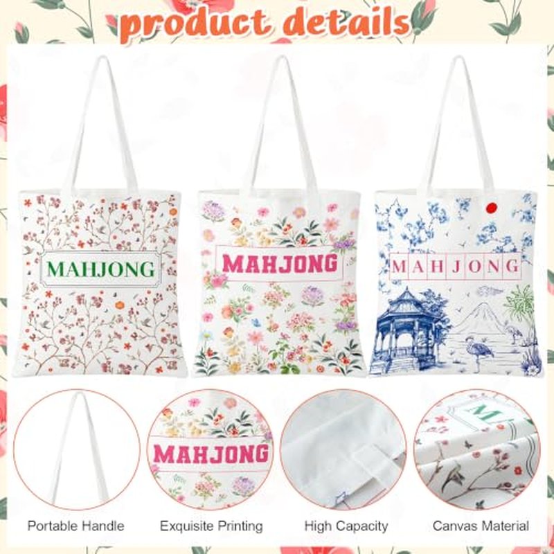 3 Pcs Mahjong Canvas Tote Bags for Women - Floral Designs