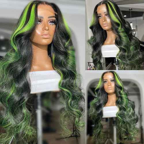 Missyvan Green Lace Front Wigs for Women Body Wave Lace Front Wigs Highlights Black with Green Streak Colorfull Long Wavy Skunk Stripe Glueless Wigs 26Inch Soft Hair Heat Resistant