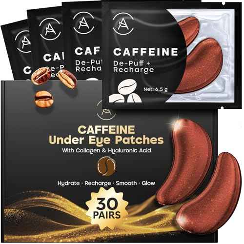 AURAE Caffeine Under Eye Patches (30 Pairs) - For Dark Circles & Puffiness - Hydrating Caffeine Eye Mask