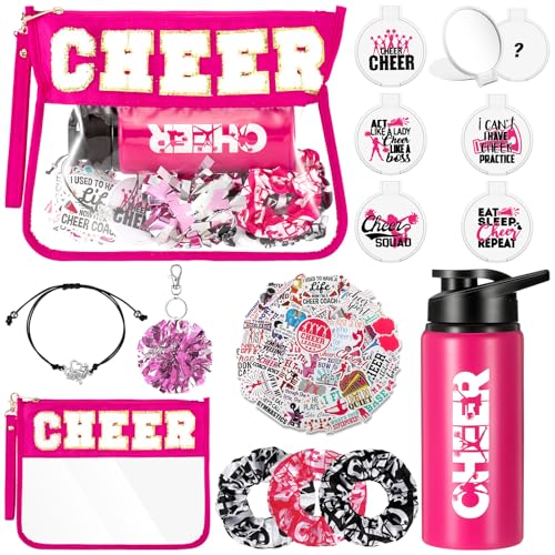 9 Pcs Cheerleader Gifts for Girls Cheer Makeup Bag 20oz Water Bottle Cheerleading Scrunchie Mirror Keychain Charm Bracelet Stickers for Senior Night Cheerleader Gifts Cheer Accessories Stuff