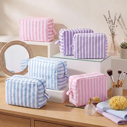 Tallew 6-Pack Seersucker Makeup Bags - Travel Toiletry Organizer