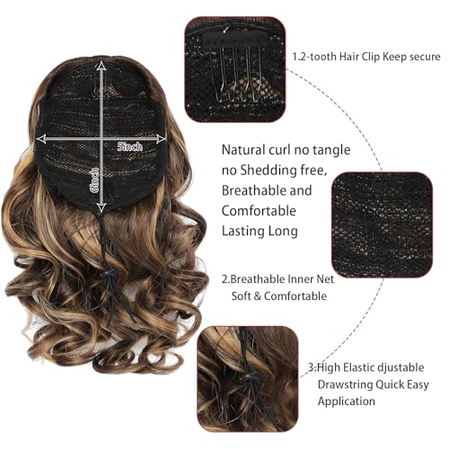 ZERAL Ponytail Extension,10 Inch Drawstring Ponytail,Wavy Curly Short Ponytail Hair Extensions,Natural Wavy Ponytail Wig Synthetic Hairpieces for Women (Brown with Golden Brown Highlights#)