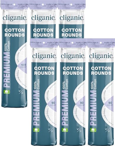 Cliganic 100% Cotton Makeup Remover Pads 540 Count (6 Packs of 90) - Hypoallergenic & Soft