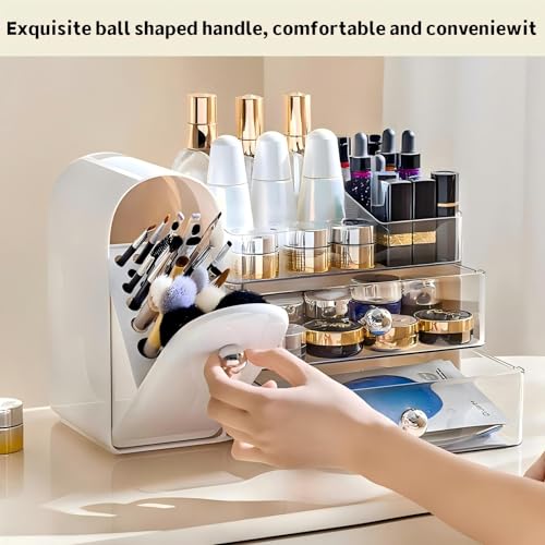 RONGZHIERK Makeup Organizer for Vanity with Brush Holder (White) – Large 2 Drawers