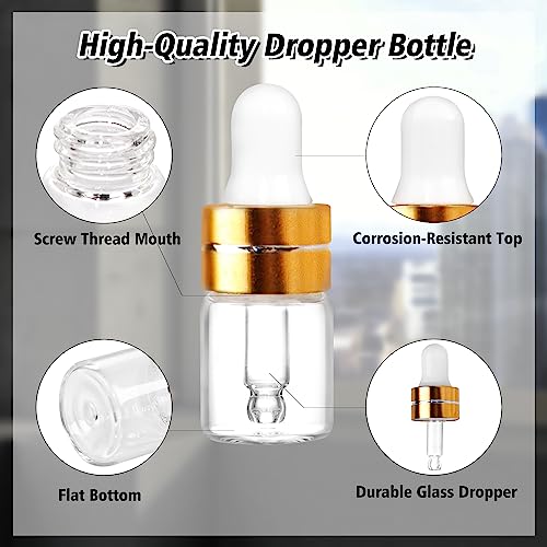 50 Pack 2ml Clear Glass Dropper Bottles with Gold Caps