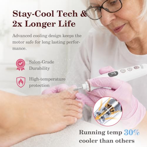 PELCAS White Cordless Electric Nail File with 10 Speeds & LED Light, Travel Ready