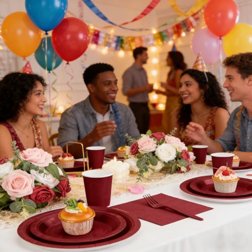 CENLBJ Burgundy Party Supplies Set for 25 Guests - Includes Disposable Plates, Cups, Napkins & Forks, 25-Count