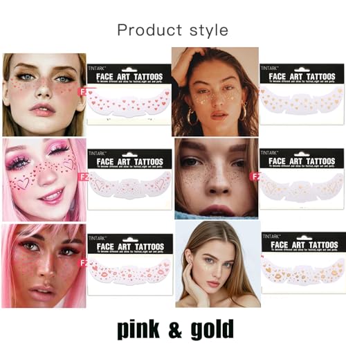 10 Sheets Valentine's Day Face Tattoo Sticker Pink Gold Heart Freckle Face Sticker Glitter Tattoos Pink Heart Kiss Lip Flower Satr Waterproof Tattoos for Girls Women Festival Makeup Accessories
