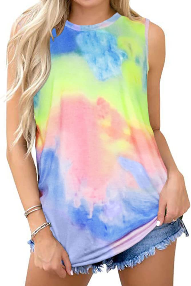 Womens Tank Tops Summer Tie Dye T Shirts Sleeveless Casual Loose Tunic Blouses (COL, S1) Colorful